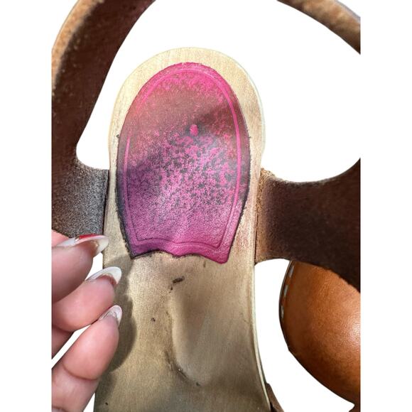 Swedish Hasbeens Brown Almond Toe T-Strap Wooden Block Heel Leather Clogs Size 5 - Picture 6 of 15